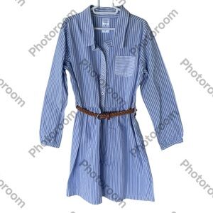CARTERS GIRLS BLUE WHITE STRIPED LONG SLEEVE DRESS WITH BROWN BELT SIZE 7